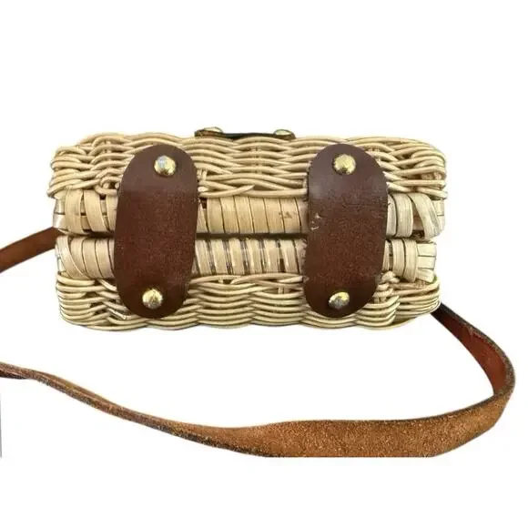 Vintage Wicker Purse Mini Summer Leather Strap Flip Top Twist Lock - Picture 6 of 16